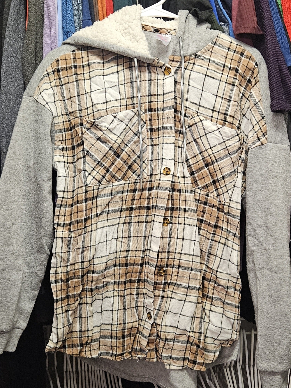 Plaid Sherpa-Lined Hoodie Jacket – Ivory/Taupe/Brown – Size L - NWT